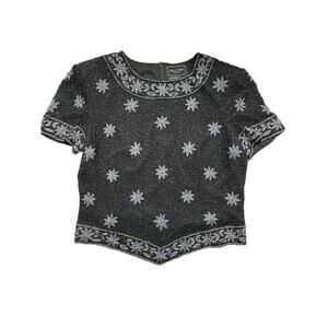 Cote d'Azur Heavily Beaded Black Top with Floral Embroidery Large